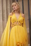 Supria Munjal_Yellow Chiffon V-neck Designer Dress _Online_at_Aza_Fashions