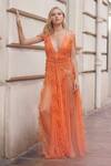 Buy_Supria Munjal_Orange Tulle, Organza Beads, Fabric Flowers, Designer Gown With Overlay _at_Aza_Fashions