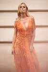Supria Munjal_Orange Tulle, Organza Beads, Fabric Flowers, Designer Gown With Overlay _Online_at_Aza_Fashions