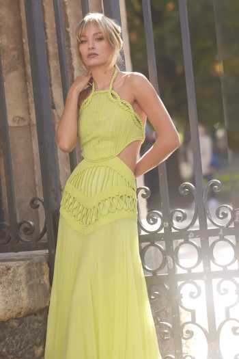 Supria Munjal_Green Chiffon Halter Neck Light Designer Gown _Online_at_Aza_Fashions