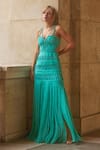 Buy_Supria Munjal_Aqua Chiffon V-neck Green Designer Gown _at_Aza_Fashions