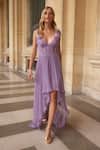 Buy_Supria Munjal_Purple Chiffon V-neck Designer Gown _at_Aza_Fashions