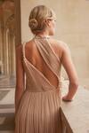 Shop_Supria Munjal_Beige Chiffon Fabric Flowers Plunge Neck Designer Gown _at_Aza_Fashions