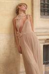 Supria Munjal_Beige Chiffon Fabric Flowers Plunge Neck Designer Gown _Online_at_Aza_Fashions