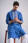 Sanjev Marwaaha_Blue Cotton, Silk Embroidery Kurta Set _Online_at_Aza_Fashions