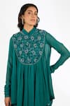 Buy_Anjali Kanwar_Emerald Green Chiffon, Crepe Beads, Sequins Collared Beaded Top And Skirt _Online_at_Aza_Fashions
