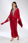 Buy_Anjali Kanwar_Red Silk, Crepe Beads, Sequins V-neck Beaded Tunic And Skirt Set _at_Aza_Fashions