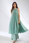 Buy_Anjali Kanwar_Mint Crepe Beads, Sequins High Neck Pleated Green Kurta Trouser Set _at_Aza_Fashions