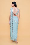 Shop_Sajeda A Lehry_Aqua Georgette Mirrors, Embroidery V-neck Solid Pre-draped Saree Set _at_Aza_Fashions