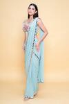 Buy_Sajeda A Lehry_Aqua Georgette Mirrors, Embroidery V-neck Solid Pre-draped Saree Set _at_Aza_Fashions