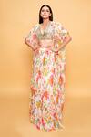 Buy_Sajeda A Lehry_Ivory Georgette Mirrors, Embroidery V-neck Floral Print Cape Blouse Pant Set _at_Aza_Fashions