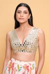 Shop_Sajeda A Lehry_Ivory Georgette Mirrors, Embroidery V-neck Floral Print Cape Blouse Pant Set _Online_at_Aza_Fashions