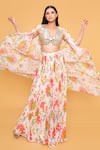 Buy_Sajeda A Lehry_Ivory Georgette Mirrors, Embroidery V-neck Floral Print Cape Blouse Pant Set 