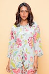 Sajeda A Lehry_Aqua Silk, Crepe Embroidery Round Neck Floral Sharara And Short Kurta Set _Online_at_Aza_Fashions