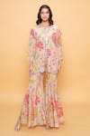 Buy_Sajeda A Lehry_Beige Silk, Crepe Embroidery Round Neck Floral Hand Sharara Set _at_Aza_Fashions