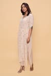 Buy_Sajeda A Lehry_Beige Silk, Crepe Embroidery V-neck Hand Kurta And Pant Set _at_Aza_Fashions