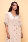 Sajeda A Lehry_Beige Silk, Crepe Embroidery V-neck Hand Kurta And Pant Set _Online_at_Aza_Fashions