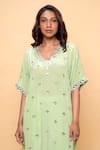 Sajeda A Lehry_Green Silk, Crepe Embroidery V-neck Hand Pista Kurta Set _Online_at_Aza_Fashions