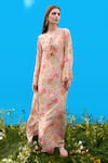 Buy_Sajeda A Lehry_Beige Silk, Crepe Round Neck Floral Digital Print Kurta _at_Aza_Fashions