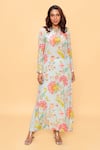 Buy_Sajeda A Lehry_Aqua Silk, Crepe Embroidery Round Neck Chandini Floral Kurta Set _at_Aza_Fashions