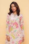 Sajeda A Lehry_Beige Silk, Crepe Embroidery Keyhole Neck Hand Floral Kurta And Pant Set _Online_at_Aza_Fashions