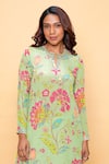 Sajeda A Lehry_Green Silk, Crepe Embroidery Keyhole Neck Chandini Floral Pista Kurta Pant Set _Online_at_Aza_Fashions