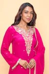 Sajeda A Lehry_Pink Silk, Crepe Embroidery, Sequins Split V-neck Hand Kurta Set _Online_at_Aza_Fashions