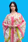 Sajeda A Lehry_Ivory Silk, Crepe Tassels V-neck Digital Print Kaftan _Online_at_Aza_Fashions