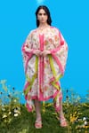 Buy_Sajeda A Lehry_Ivory Silk, Crepe Tassels V-neck Digital Print Kaftan _at_Aza_Fashions