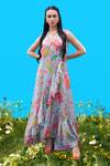 Buy_Sajeda A Lehry_Aqua Cotton V-neck Eden Long Floral Dress _at_Aza_Fashions