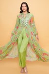 Buy_Sajeda A Lehry_Green Georgette Sequins Collared Floral Hand Embroidered Kurta Set _Online_at_Aza_Fashions