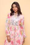 Sajeda A Lehry_Pink Georgette Embroidery, Sequins Collared Hand Floral Kurta And Pant Set _Online_at_Aza_Fashions