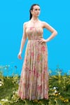 Buy_Sajeda A Lehry_Beige Georgette Open Neck Floral Digital Print Dress _at_Aza_Fashions