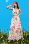 Buy_Sajeda A Lehry_Ivory Silk, Crepe Embroidery Round Neck Hand Floral Cutout Dress _at_Aza_Fashions