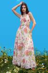 Buy_Sajeda A Lehry_Ivory Silk, Crepe Embroidery Round Neck Hand Floral Cutout Dress _Online_at_Aza_Fashions