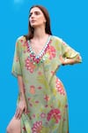 Sajeda A Lehry_Green Silk, Crepe Embroidery V-neck Hand Pista Kaftan _Online_at_Aza_Fashions