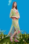 Buy_Sajeda A Lehry_Green Silk, Crepe Embroidery V-neck Hand Pista Kaftan _at_Aza_Fashions