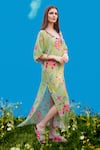 Buy_Sajeda A Lehry_Green Silk, Crepe Embroidery V-neck Hand Pista Kaftan _Online_at_Aza_Fashions