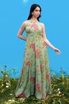 Buy_Sajeda A Lehry_Green Silk, Crepe Embroidery Halter Neck Hand Pista Jumpsuit _at_Aza_Fashions