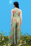 Shop_Sajeda A Lehry_Green Silk, Crepe Embroidery Halter Neck Hand Pista Jumpsuit _at_Aza_Fashions
