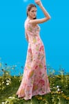 Shop_Sajeda A Lehry_Pink Silk, Crepe Embroidery Halter Neck Hand Rose Jumpsuit _at_Aza_Fashions