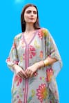 Sajeda A Lehry_Aqua Silk, Crepe Embroidery V-neck Hand Kaftan In Jade _Online_at_Aza_Fashions