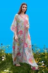 Buy_Sajeda A Lehry_Aqua Silk, Crepe Embroidery V-neck Hand Kaftan In Jade _at_Aza_Fashions