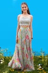 Buy_Sajeda A Lehry_Aqua Lace, Georgette Embroidery Crew Neck Liana Hand Top And Skirt Set _at_Aza_Fashions