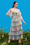 Buy_Sajeda A Lehry_Aqua Georgette V-neck Digital Print Dress _at_Aza_Fashions
