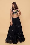 Buy_Sajeda A Lehry_Black Silk, Crepe Embroidery, Sequins Round Neck Hand Floral Lehenga Set _at_Aza_Fashions