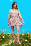 Buy_Sajeda A Lehry_Aqua Silk, Crepe V-neck Floral Digital Print Kaftan Dress _at_Aza_Fashions