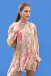 Sajeda A Lehry_Beige Georgette Round Neck Floral Print Hand Embroidered Dress _Online_at_Aza_Fashions