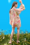 Shop_Sajeda A Lehry_Beige Georgette Round Neck Floral Print Hand Embroidered Dress _at_Aza_Fashions
