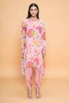 Buy_Sajeda A Lehry_Pink Georgette Embroidery Round Neck Floral Hand Kurta And Dhoti Pant _at_Aza_Fashions